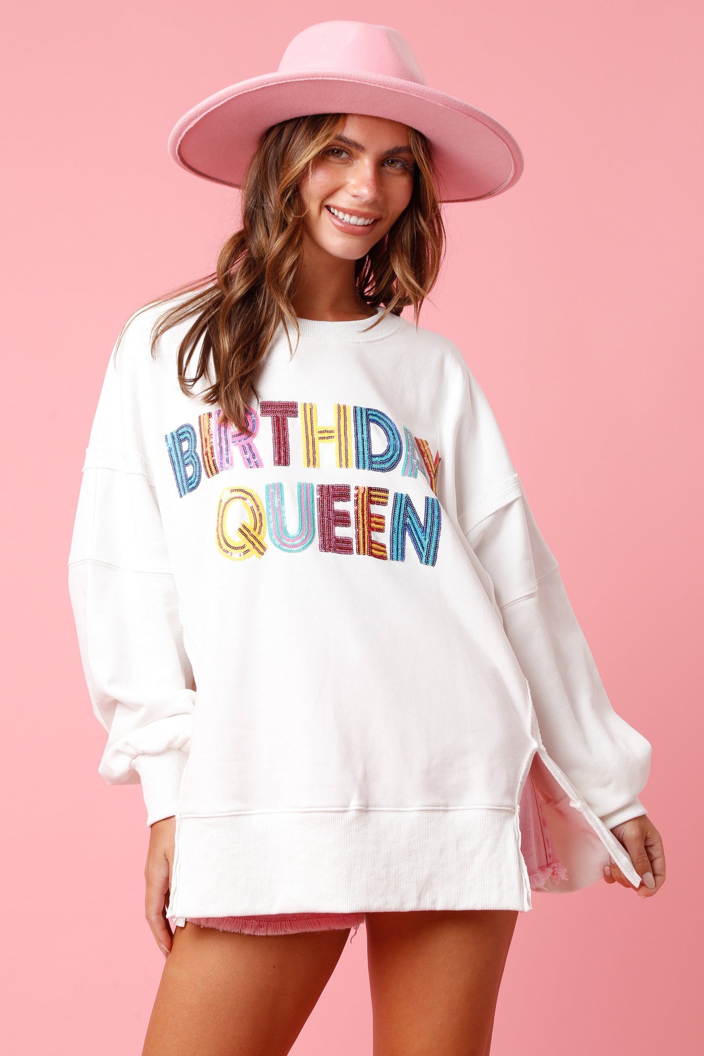 "Birthday Queen" Sequin loose Fit Crewneck- White