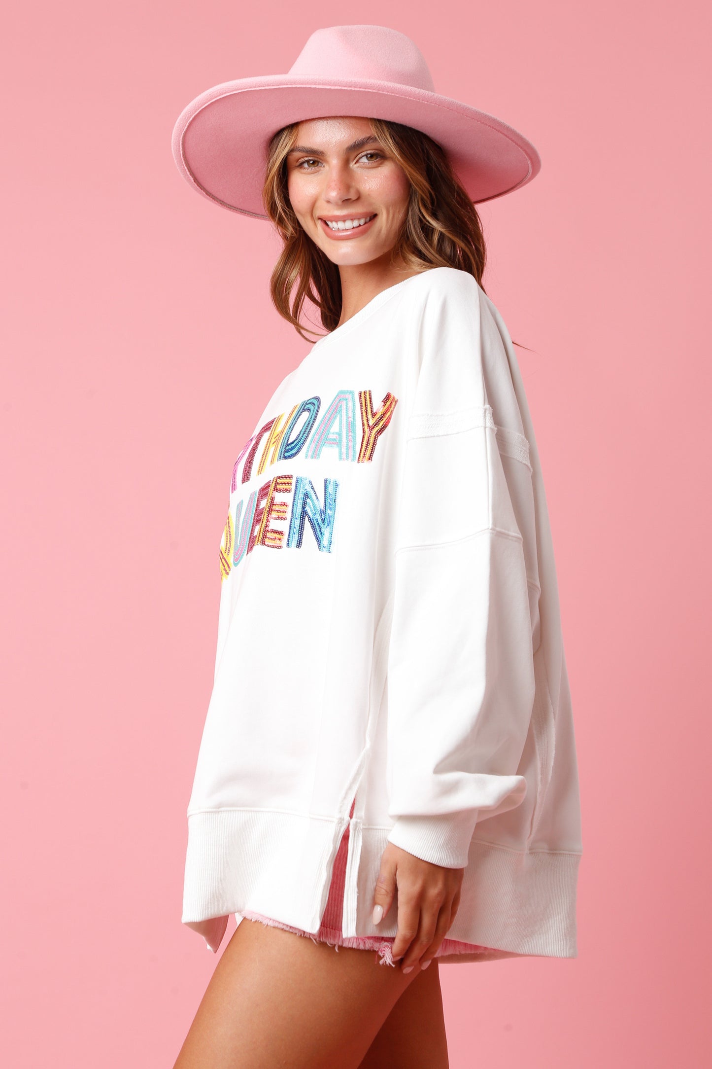 "Birthday Queen" Sequin loose Fit Crewneck- White