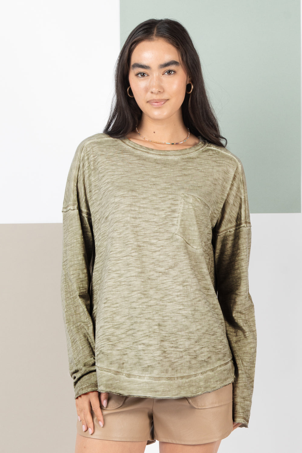 Oversized Long Sleeve Stoned Washed T-shirt
