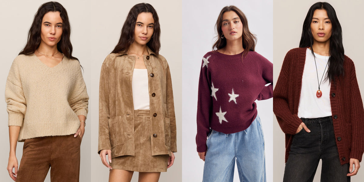 New fall arrivals at Open Season: Bolton Boucle Sweater, Decker Suede Coat, Star of the Show Sweater and Whitmore Cardigan