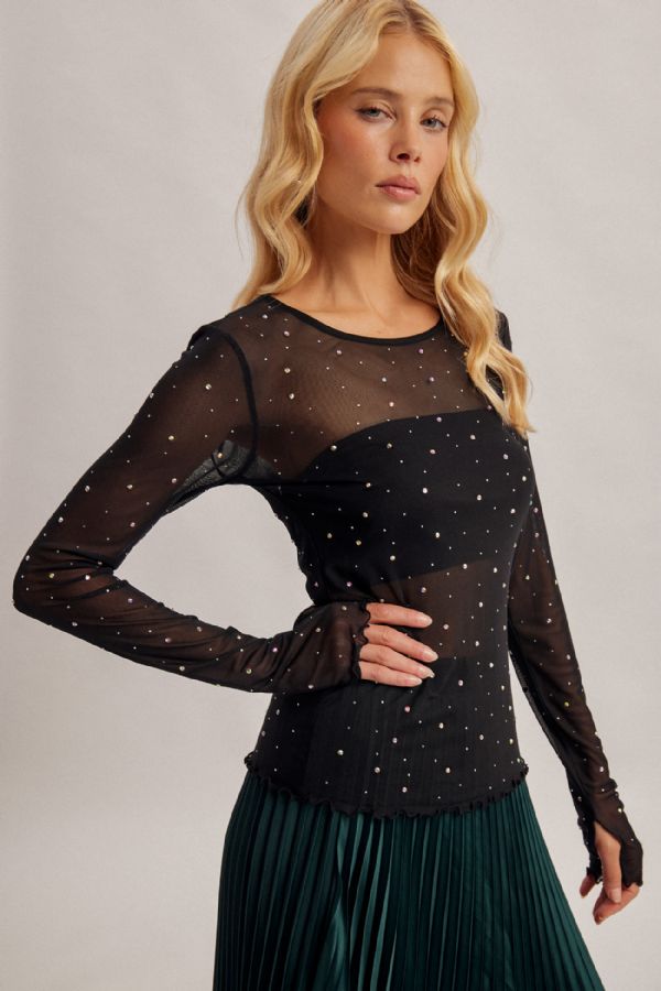 Rhinestoned Mesh Top