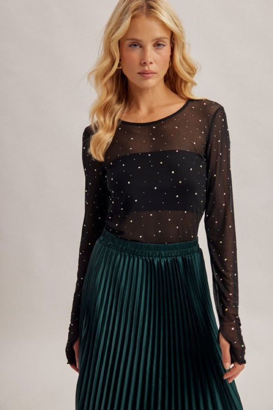 Rhinestoned Mesh Top