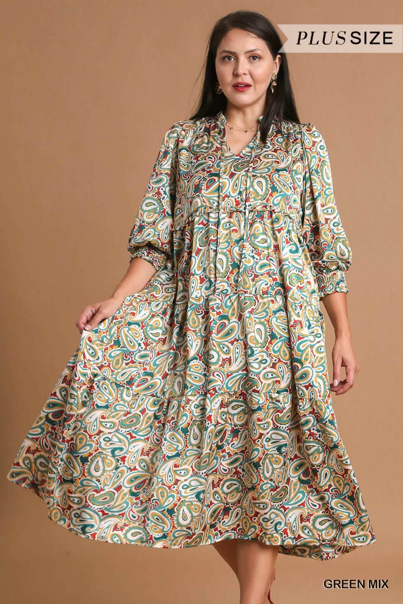 Satin Paisley Midi Dress with Ruffle Neck Tie