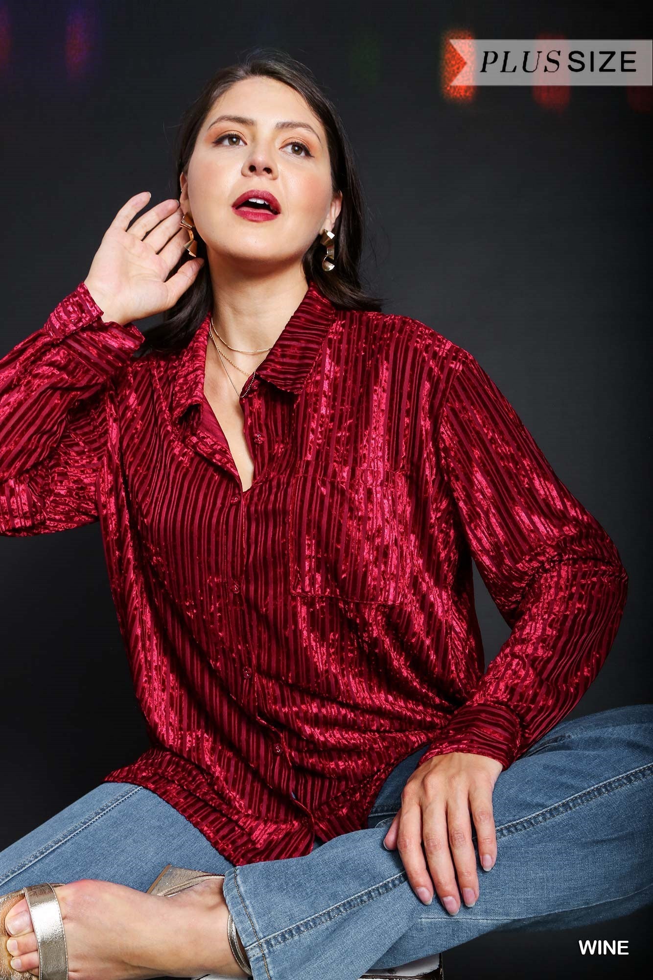 Stripped Crushed Velvet Button Down Shirt