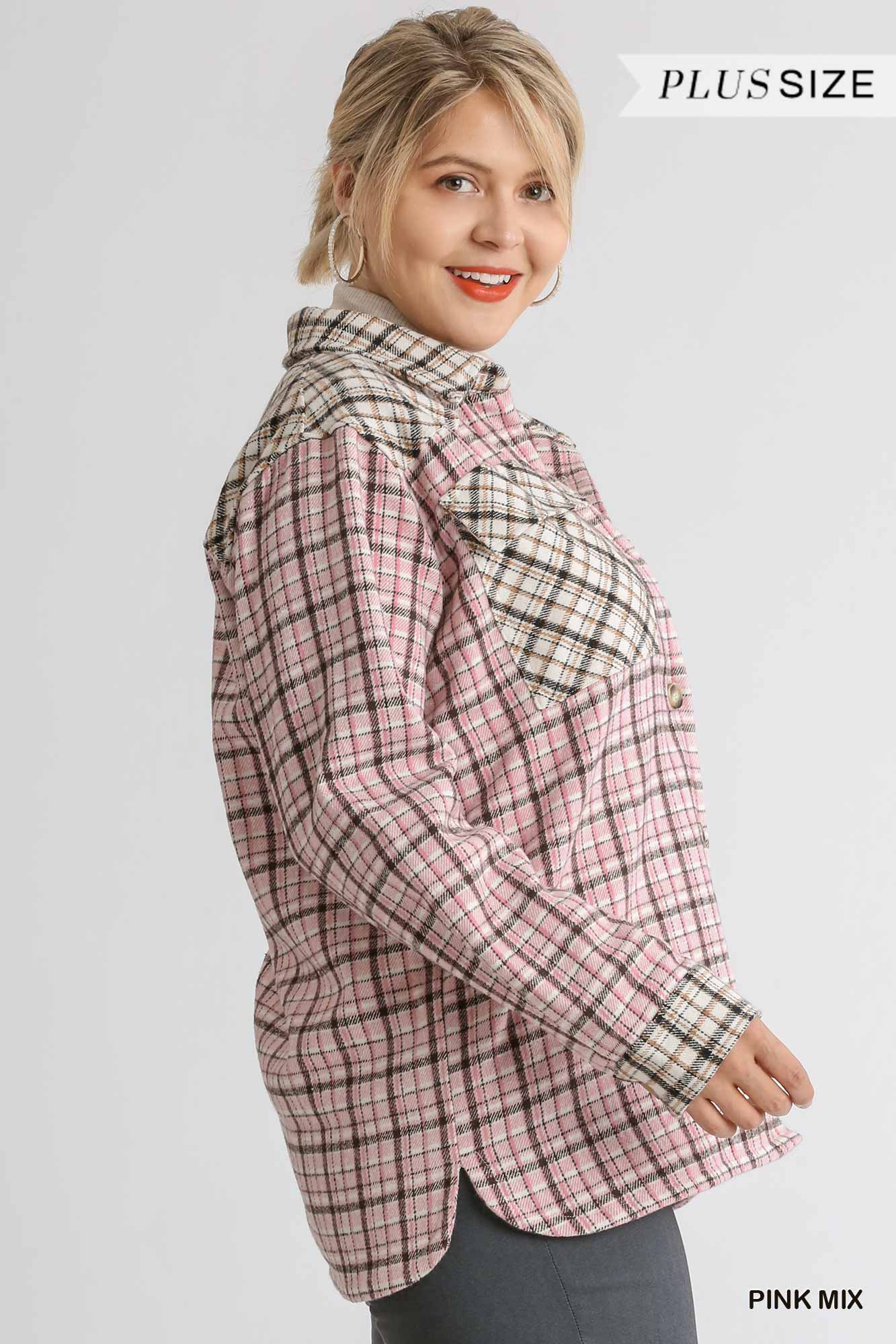 UMGEE® Color block Button Down Shacket- Pink Plaid (Plus)