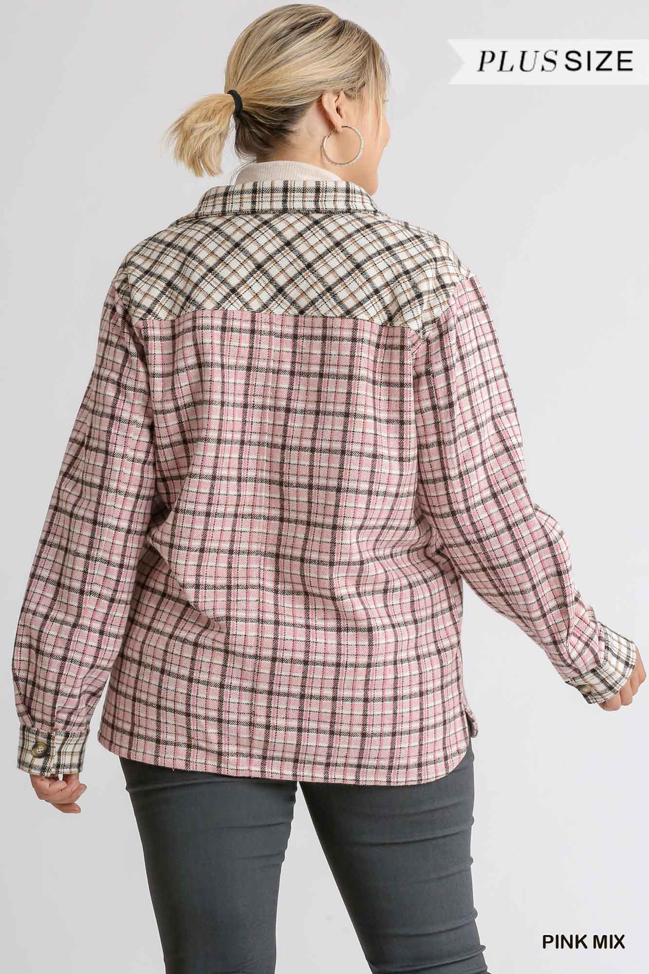 UMGEE® Color block Button Down Shacket- Pink Plaid (Plus)