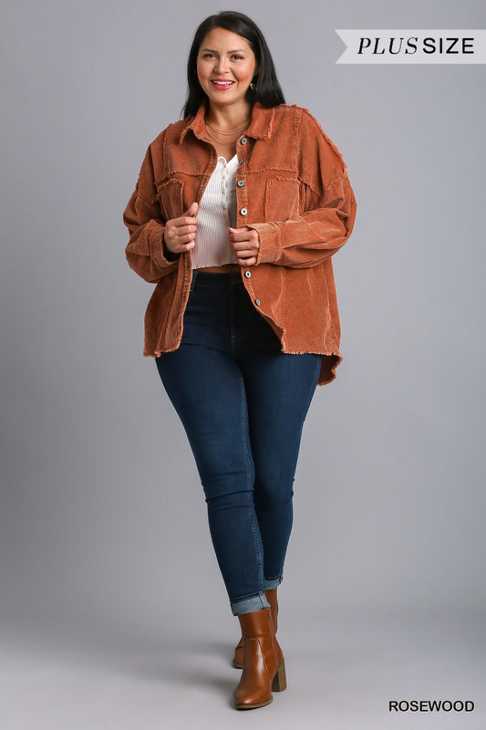 Stone Wash Shacket with Unfinished Hem