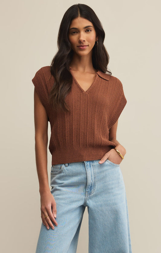 Z Supply Lauden Crochet Polo Top- Teakwood
