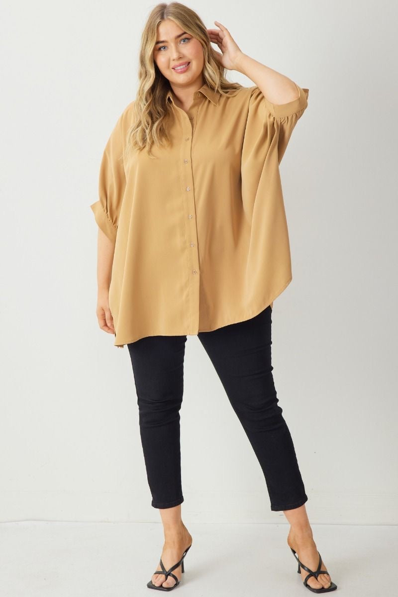 Entro® Dolman Curvy 3/4 Sleeve Button Up Top- Camel