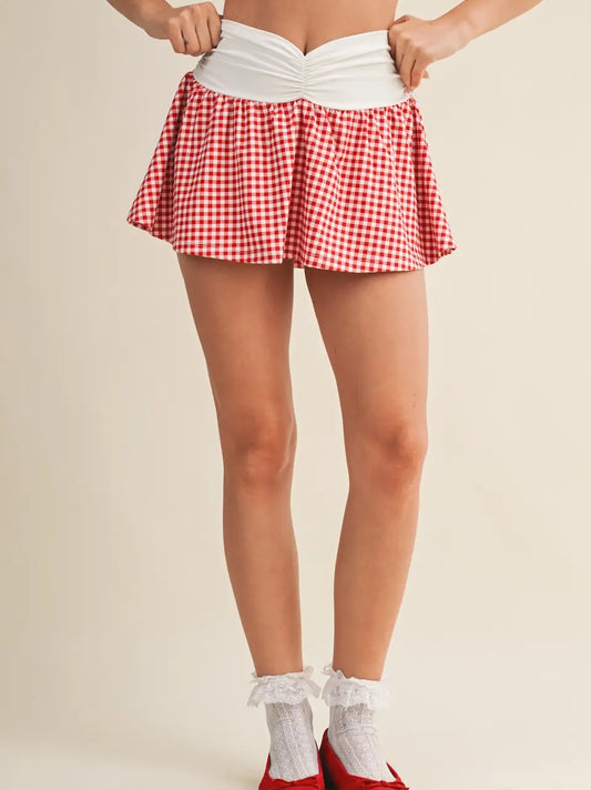 Gingham Print Ruched Mini Skort