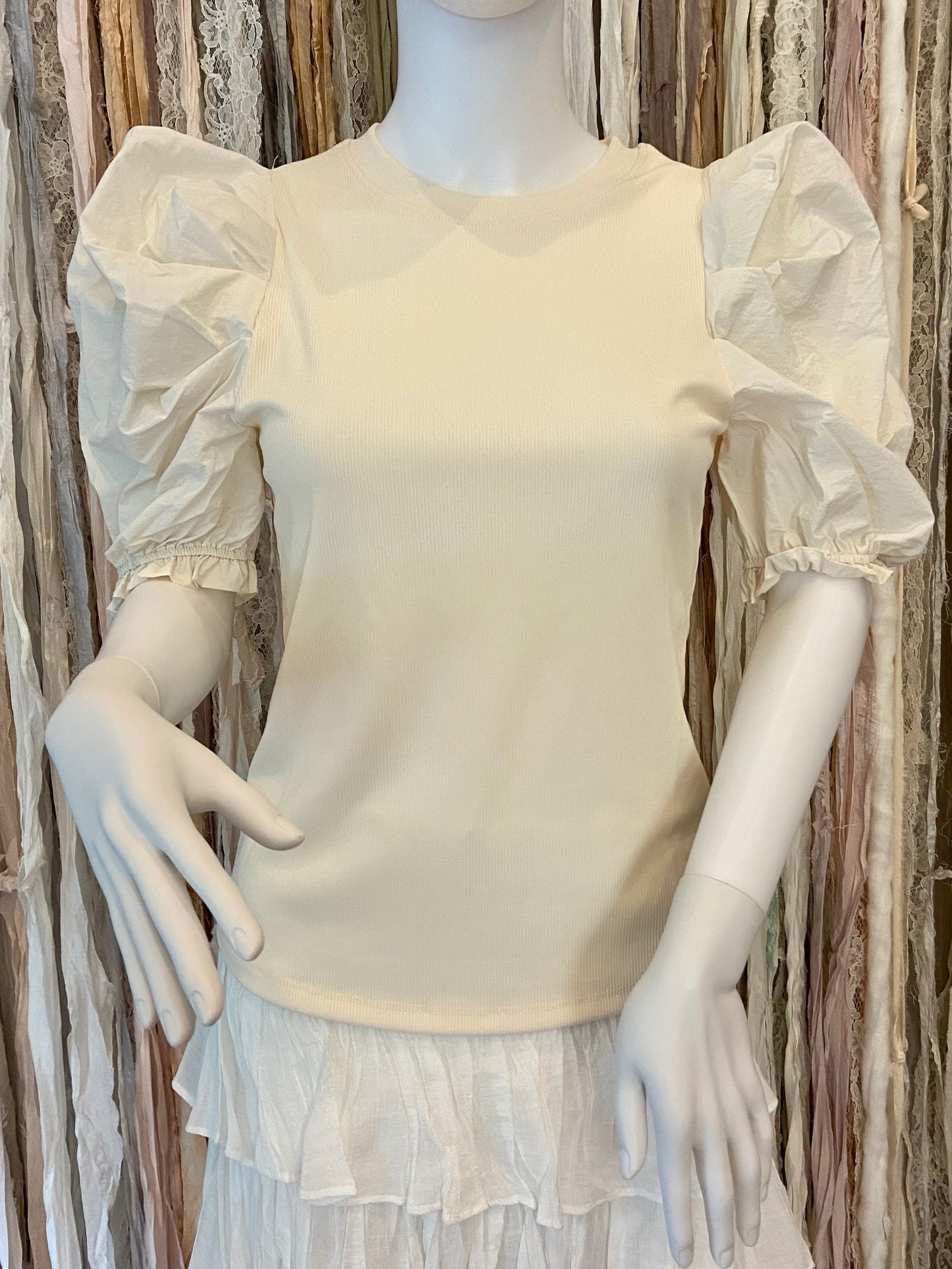 Puff Sleeve, Ribbed Knit Shirt- Ivory
