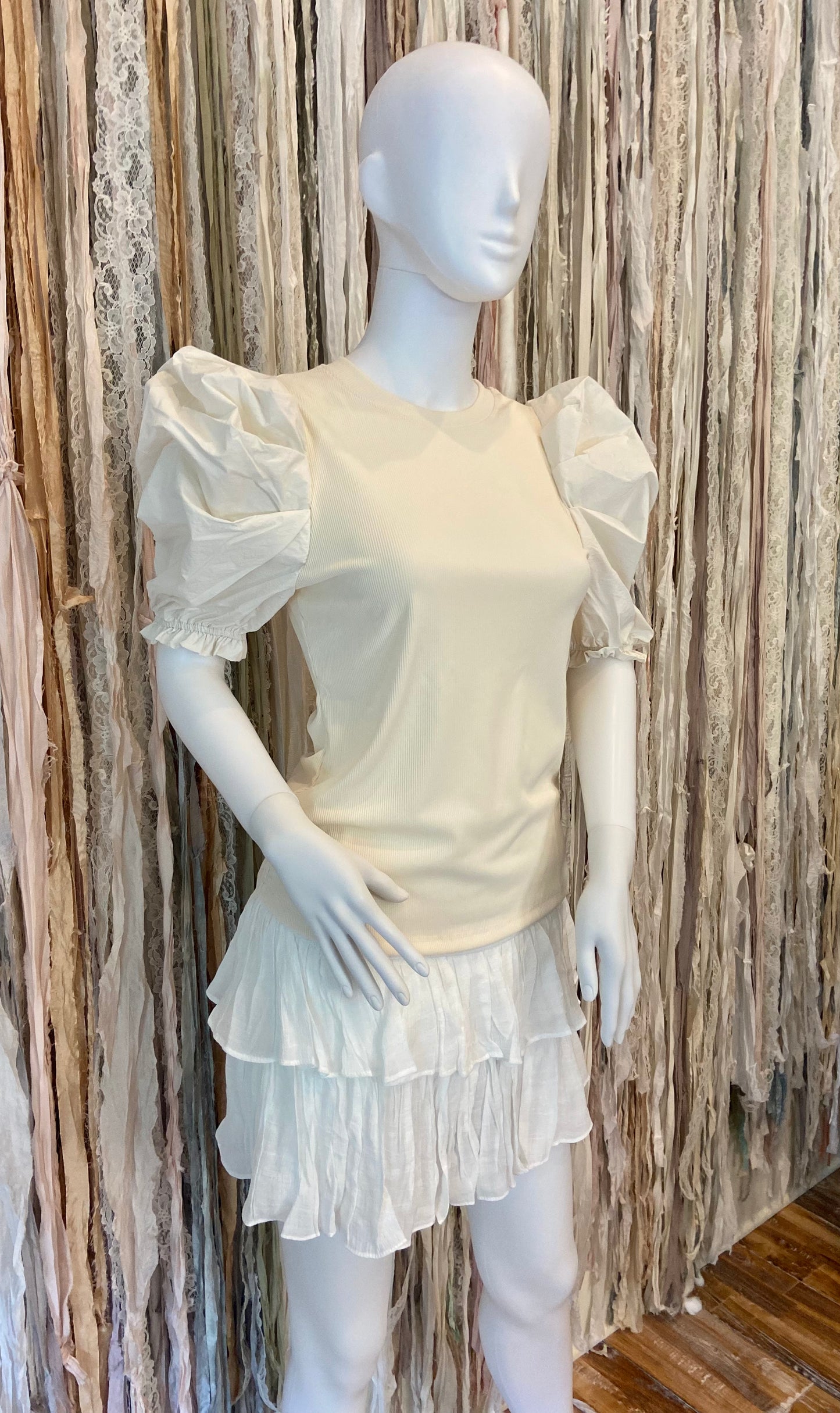 Puff Sleeve, Ribbed Knit Shirt- Ivory