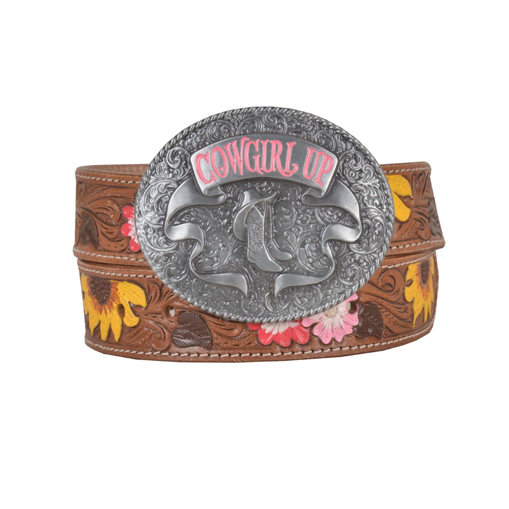 Myra- Bouquet Hand Tooled Leather Belt- Brown & Yellow display picture 1