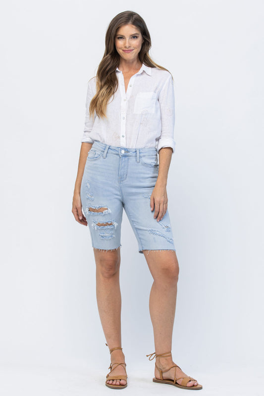 JUDY BLUE® HIGH WAIST DESTROYED CUT OFF BERMUDAS