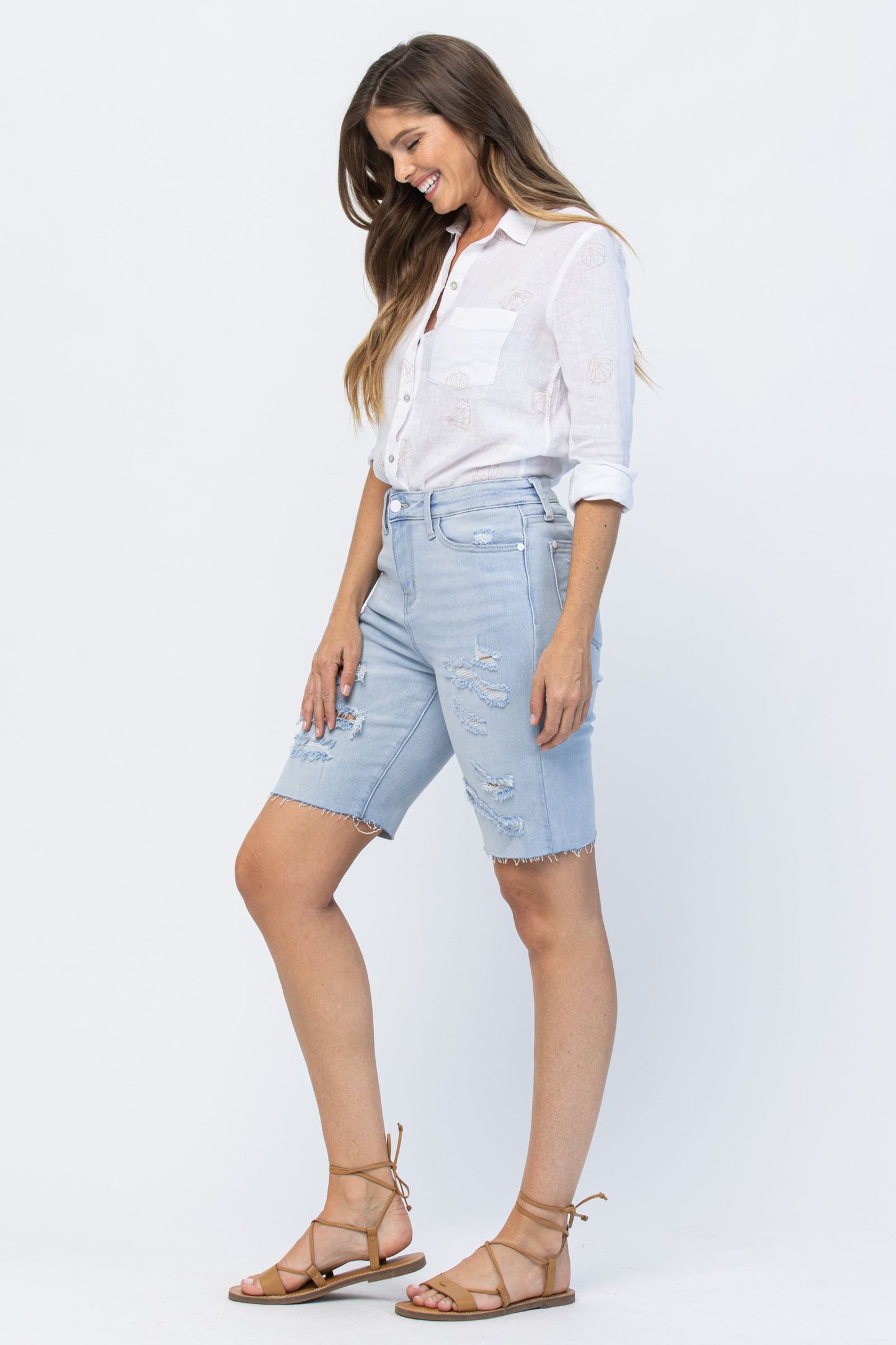 JUDY BLUE® HIGH WAIST DESTROYED CUT OFF BERMUDAS