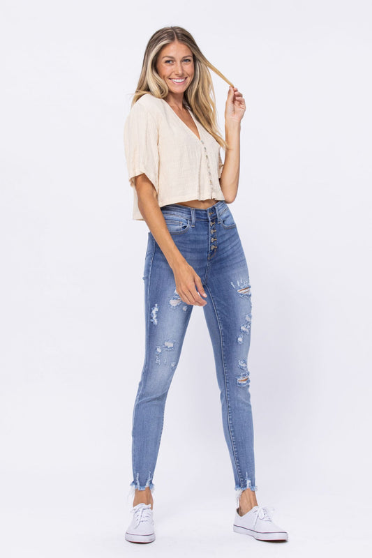 JUDY BLUE® HIGH WAIST DESTROYED BUTTON FLY SKINNY