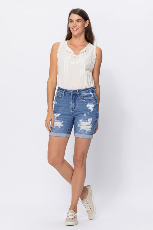 JUDY BLUE® HIGH WAIST MID-LENGTH DESTROYED SHORTS