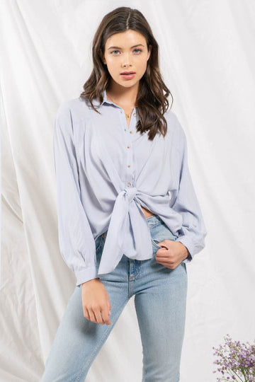 Blu Pepper® Front tie woven top- light blue