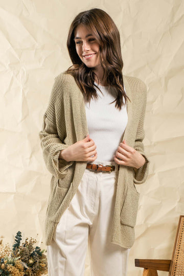 front view , light olive colored long sleeve cardigan with pockets