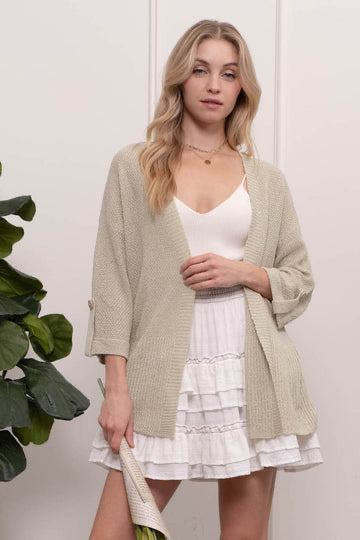 Light Weight Back Button Cardigan in Light Khaki