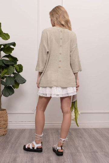 Light Weight Back Button Cardigan in Light Khaki