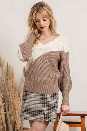 Blu Pepper® Asymmetrical Color Block Knit Sweater