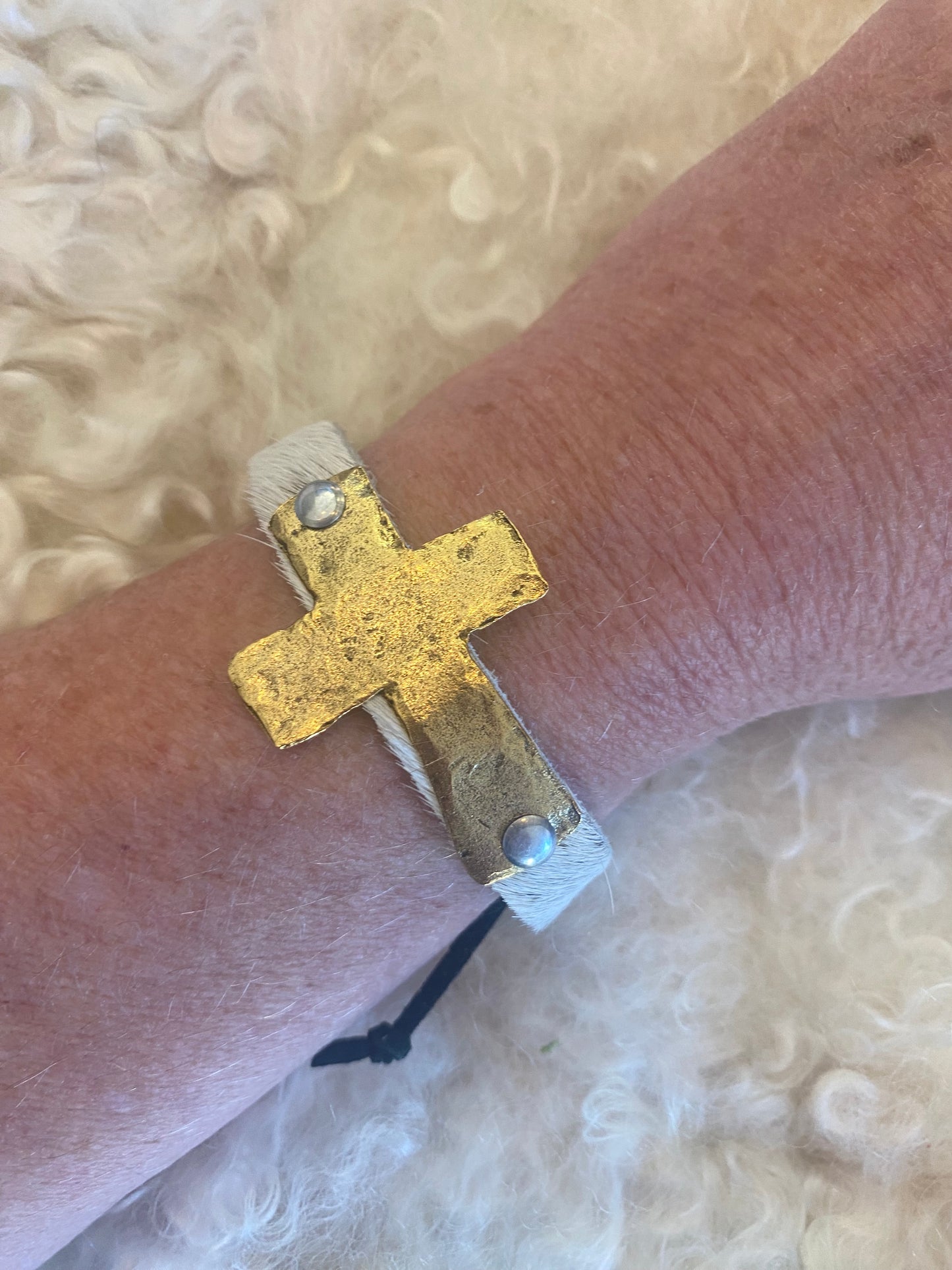 Julio Designs®- Tecate Leather Bracelet with Hammered Gold Cross