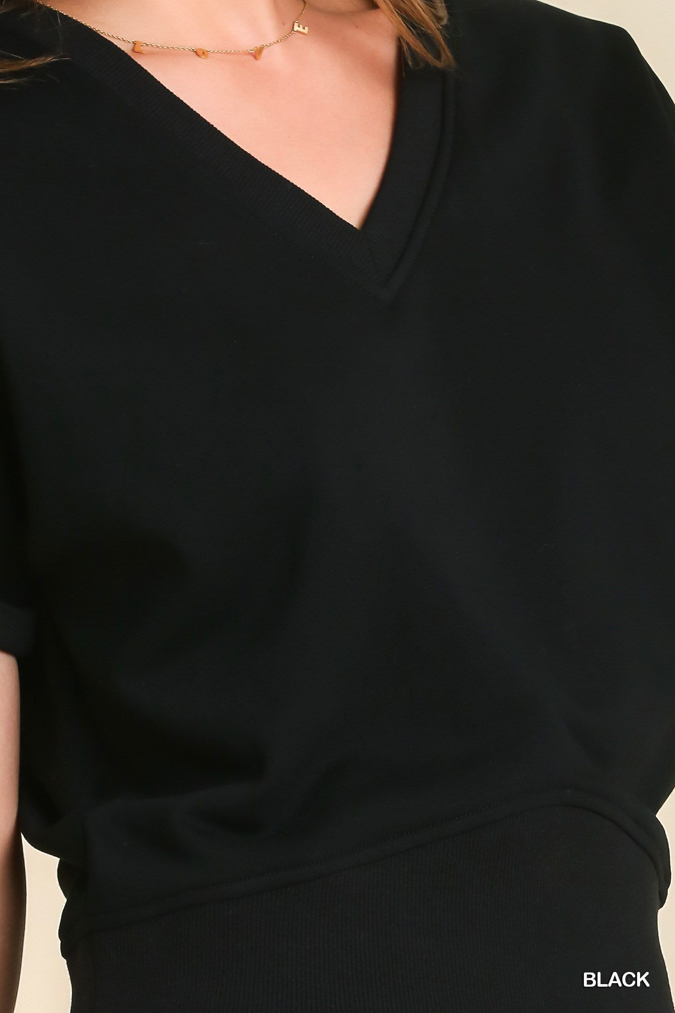 UMGEE® French Terry V-Neck Top with Ribbed Contrast, & Rolled Cuffed