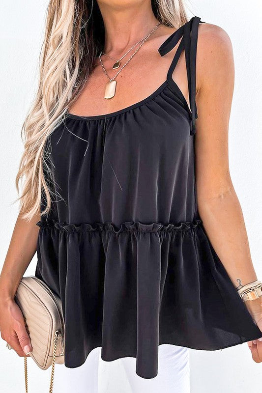 Shoulder Tie Ruffle Tiered Baby Doll Top